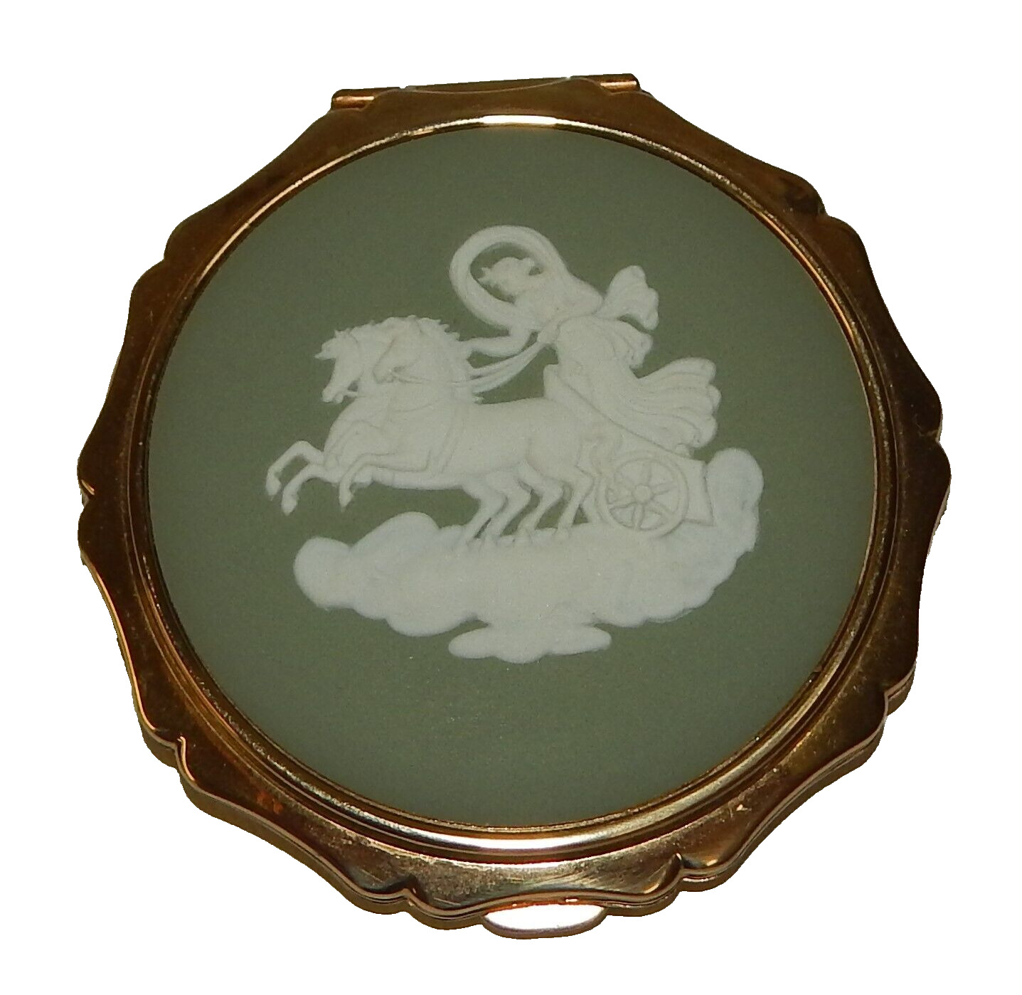 Vintage Stratton England Powder Compact with Green Wedgwood Jasperware Chariot