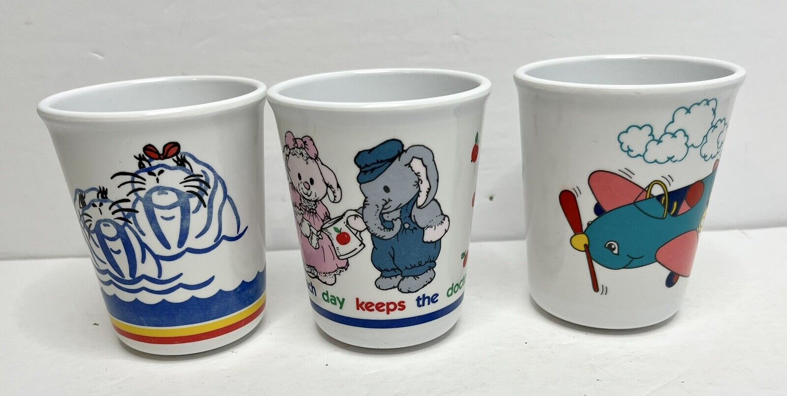 3x Vintage Potpourri Press Animals Apple Airplane Thick Plastic Children’s Cups