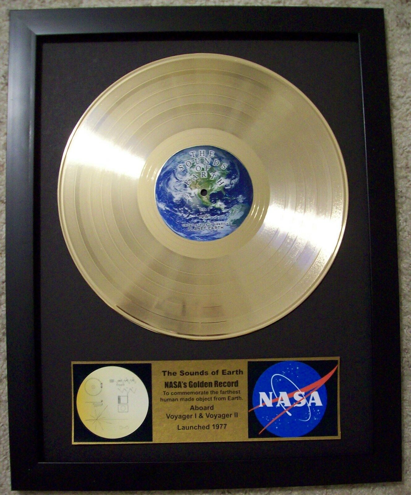 NASA Voyager 1 and 2 Gold Golden Record Album Disc + Plaque in Frame 