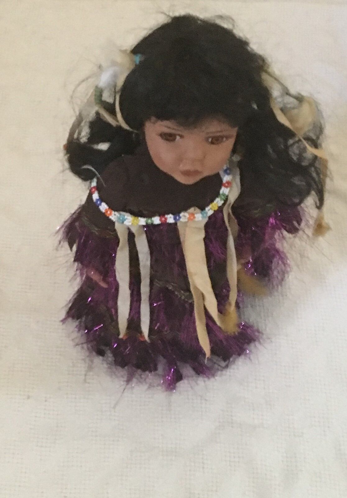 Native American/Indian Princess Porcelain Doll Purple Shiny Brown Dress Used