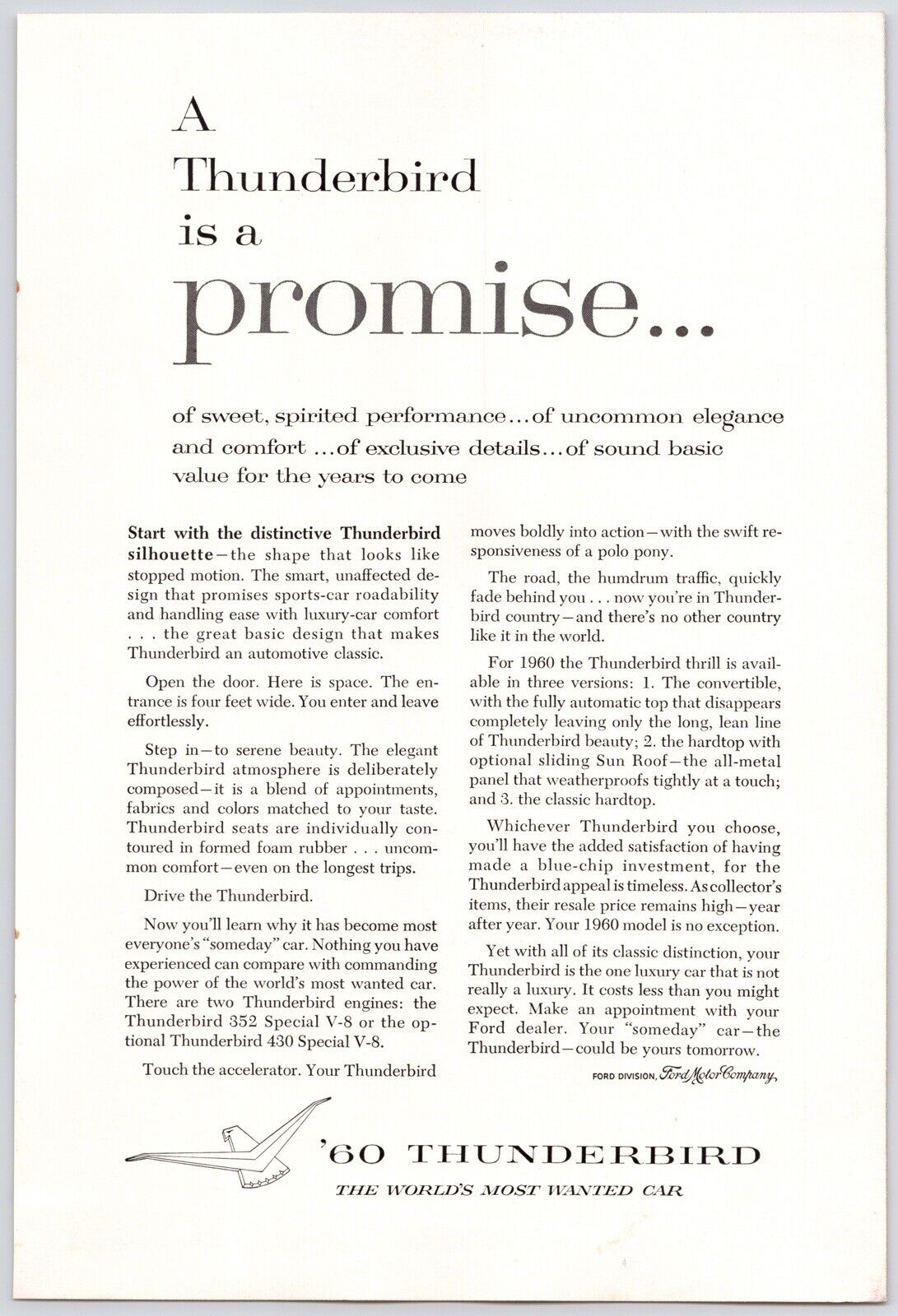 1960~Ford Thunderbird~THE PROMISE~Classic Car~Auto~Vintage 60s Print Ad