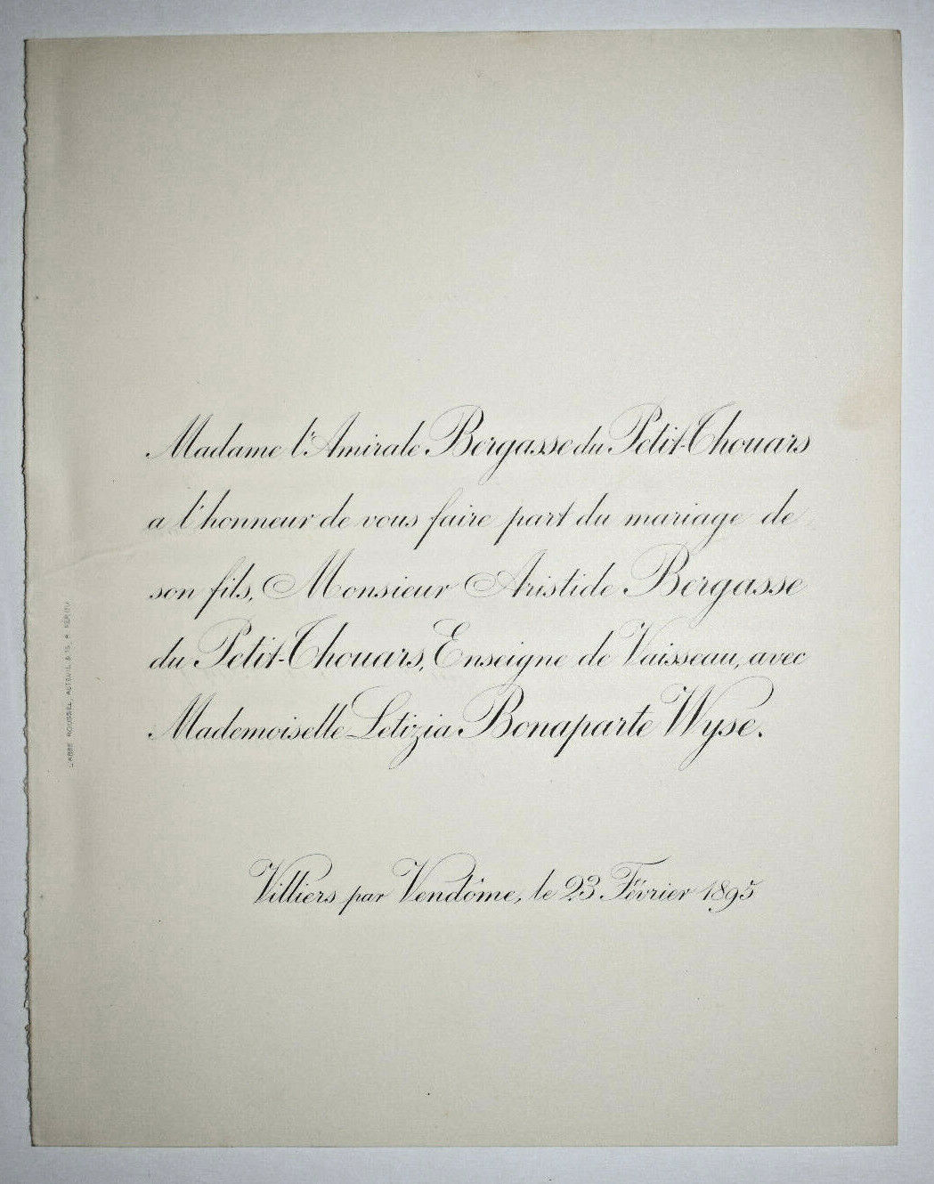 BERGASSE DU PETIT THOUARS Letizia Bonaparte Wyse SHARE WEDDING Vendome 1895