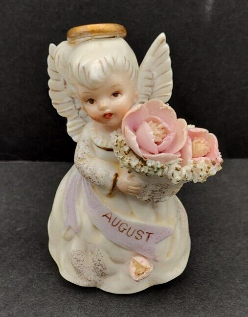 Vintage Lefton Angel Girl August Birthday 3332 Basket Pink Flowers Figurine