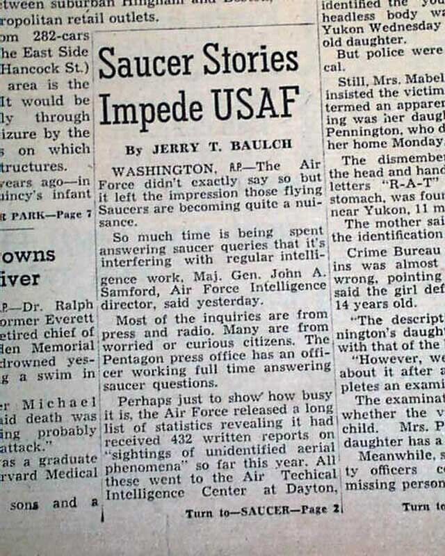 UFO Incident FLYING SAUCERS Unidentified Flying Objects Washington1952 Newspaper
