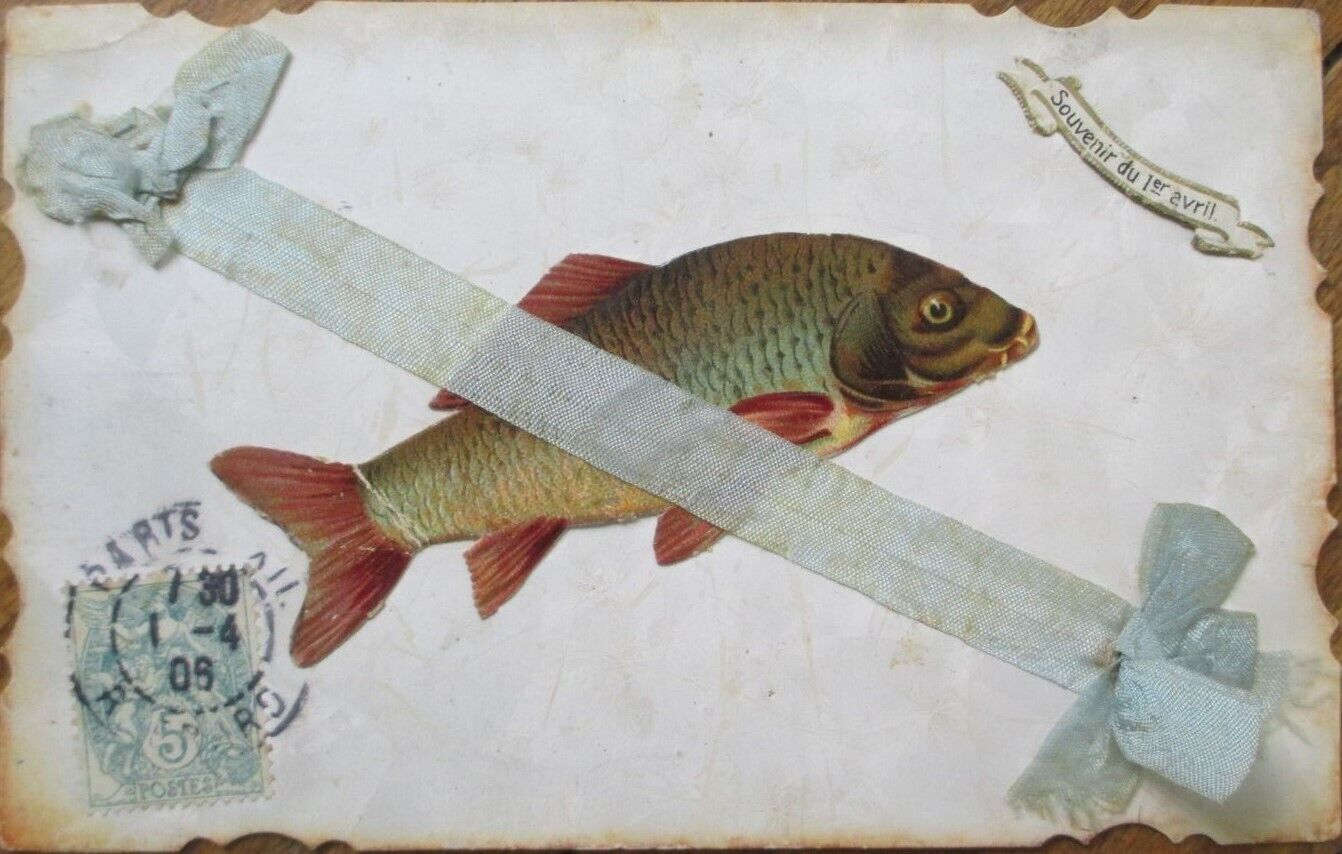 First of April Premier Avril 1906 French Novelty Postcard, Applied Fish, Silk