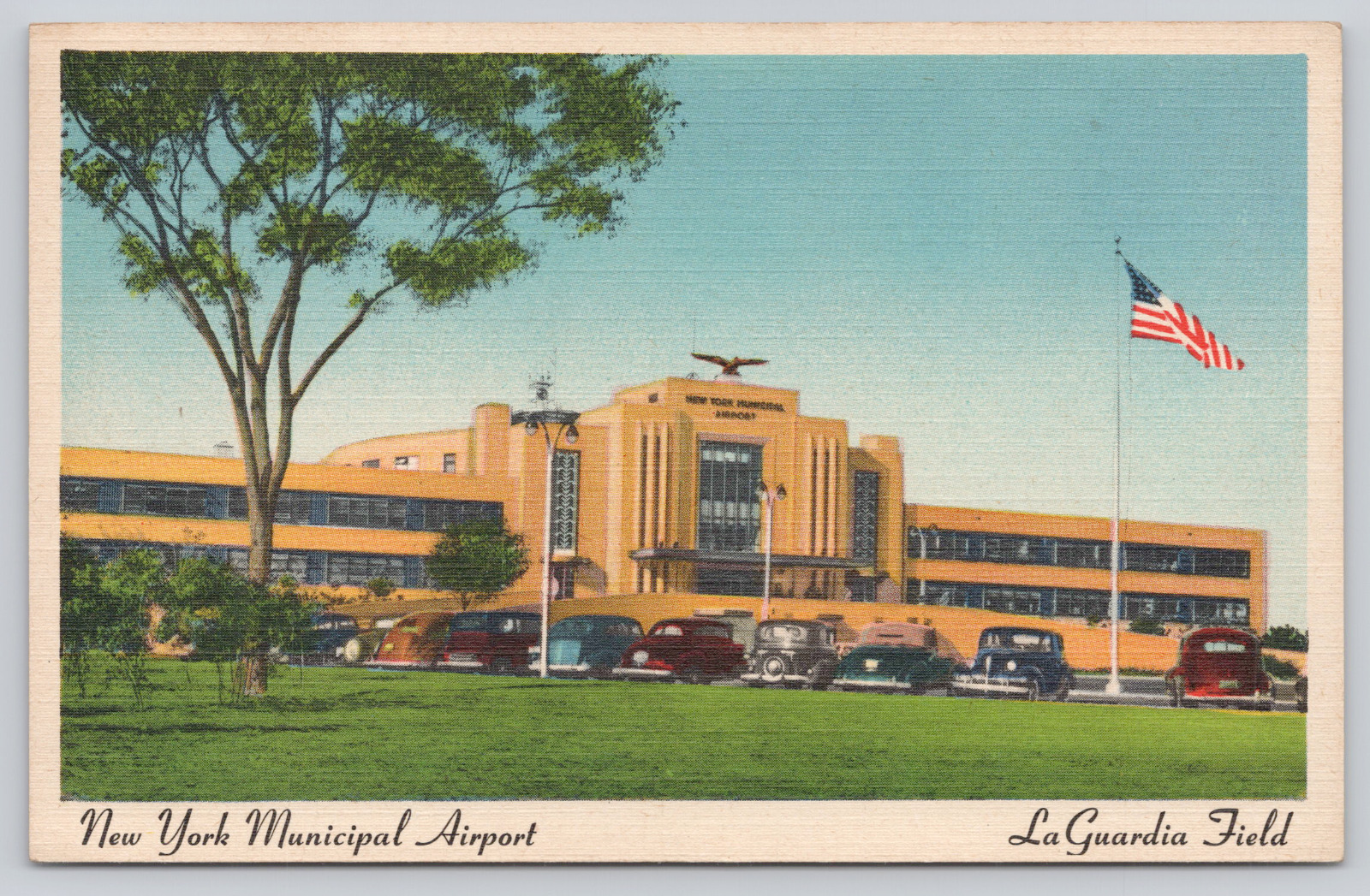 New York Municipal Airport, La Guardia Field NY c1939 Postcard, Old Cars US Flag