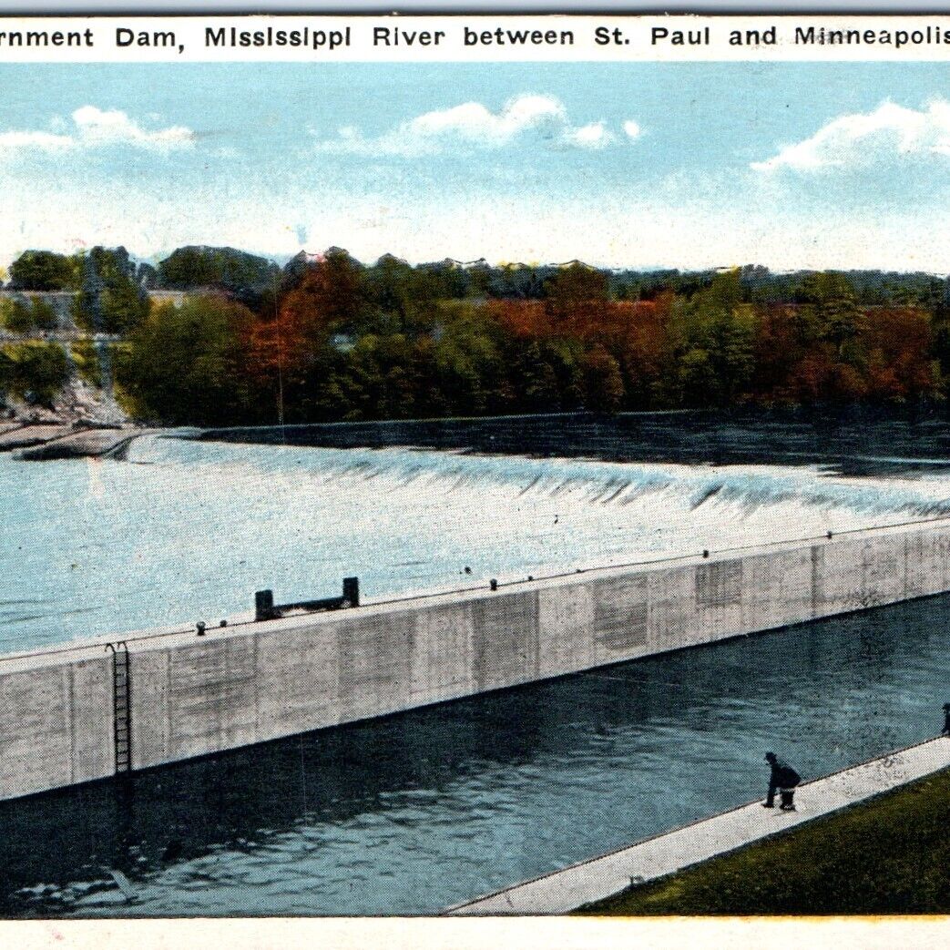 c1920s Minneapolis & St Paul, MN Government Dam Fishing Lith Photo Postcard A64