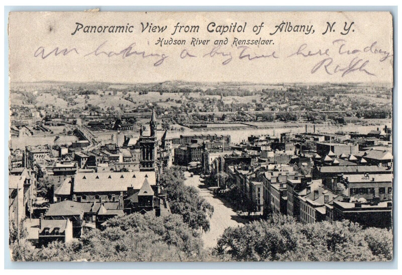 1910 Panoramic View Capitol Buildings Road Street Trees Albany New York Postcard