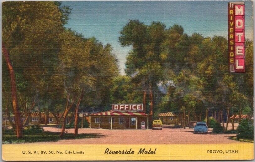 1950s PROVO, Utah Postcard RIVERSIDE MOTEL Highway 91 Roadside LINEN Unused