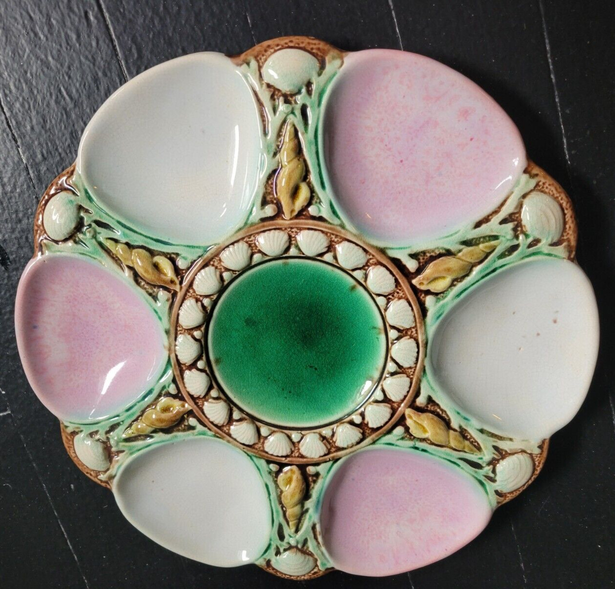 RARE VINTAGE FRENCH MAJOLICA MINTON HAND PAINTED 6 WELL OYSTER PLATE