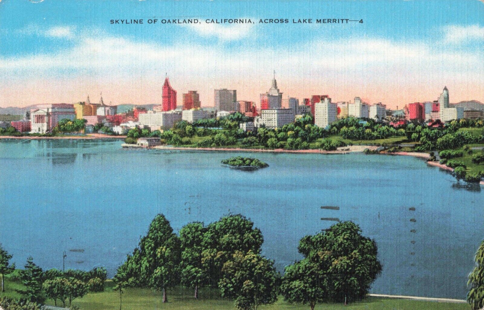 Oakland CA California, City Skyline Across Lake Merritt, Vintage Postcard