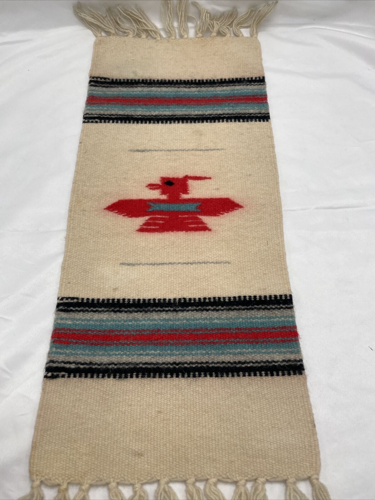 Vintage Chimayo Aztec Hand Woven Wool  Table Tapestry Thunderbird Wall Hanging