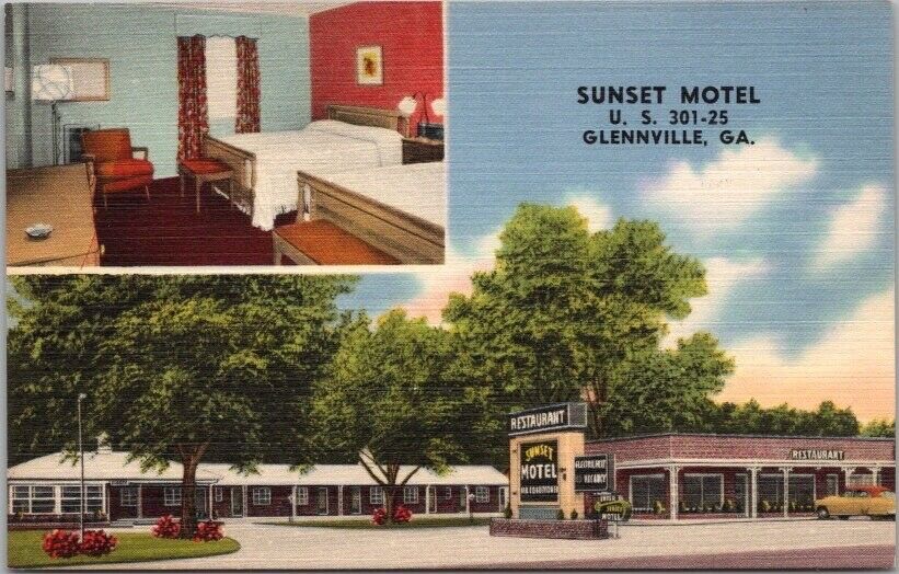 GLENNVILLE, Georgia Postcard SUNSET MOTEL Highway 301 Roadside / Linen c1950s