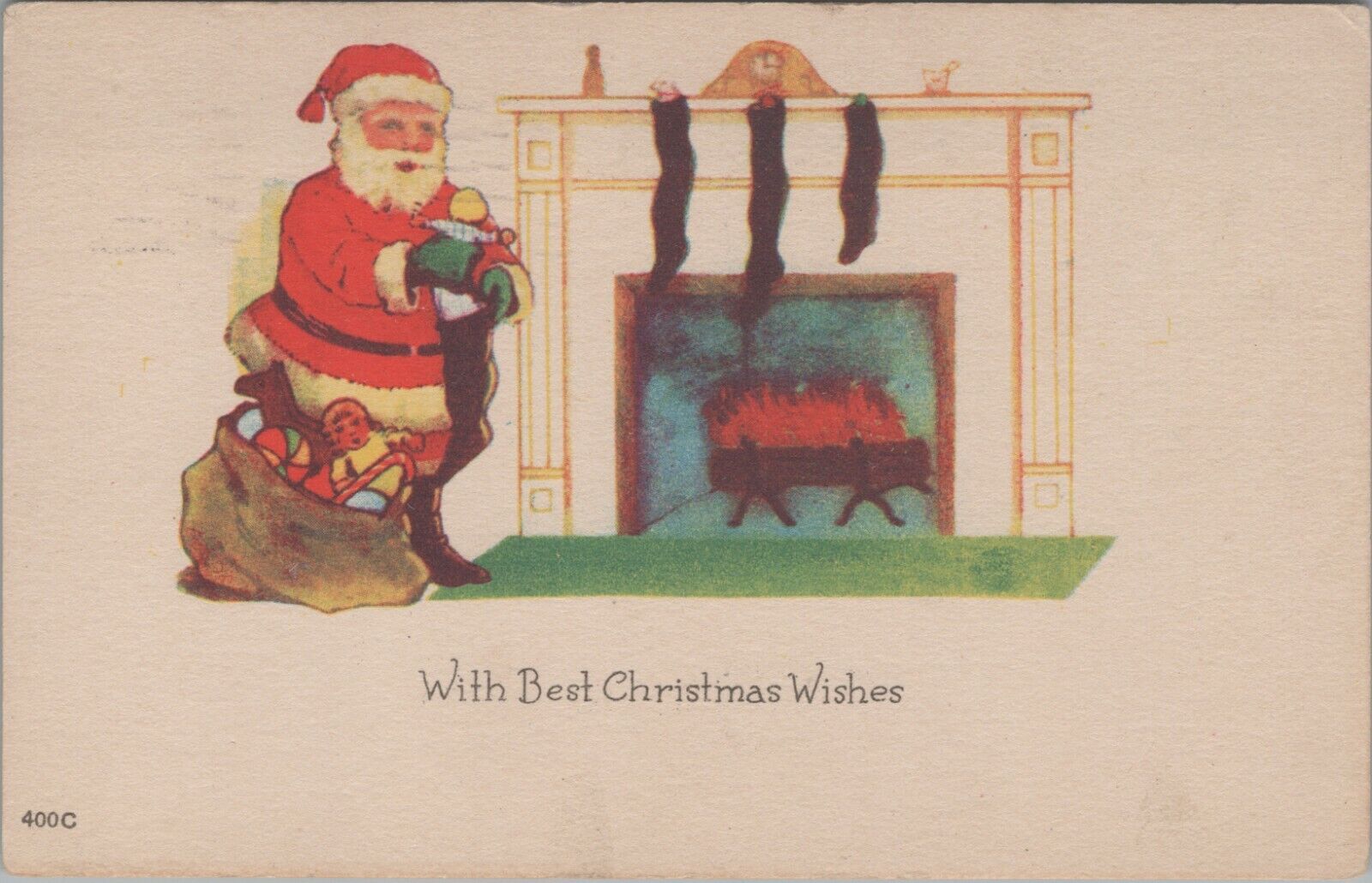 c1920s Christmas Santa Claus fireplace stockings sack toys postcard A505