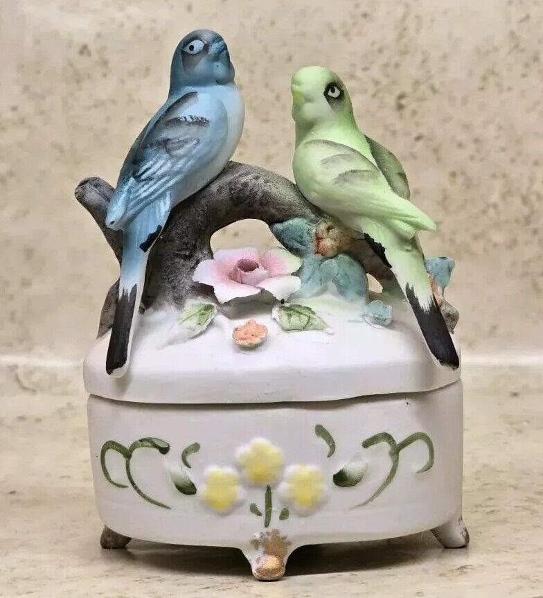 Vintage Bisque Porcelain Hand Painted Parakeets Floral Footed Trinket Candle Box