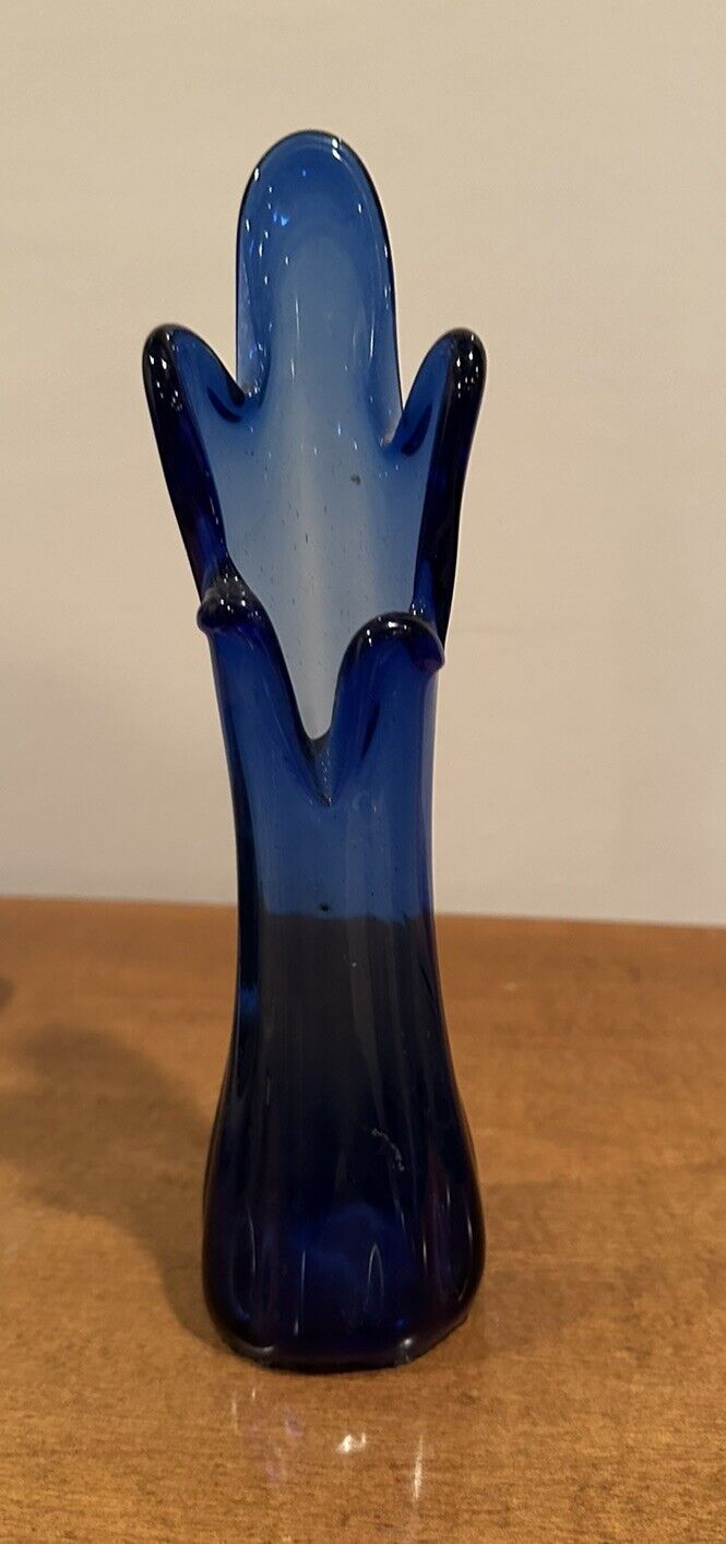 Vintage Five Finger art Glass  Vase Cobalt Blue. Hand Blown