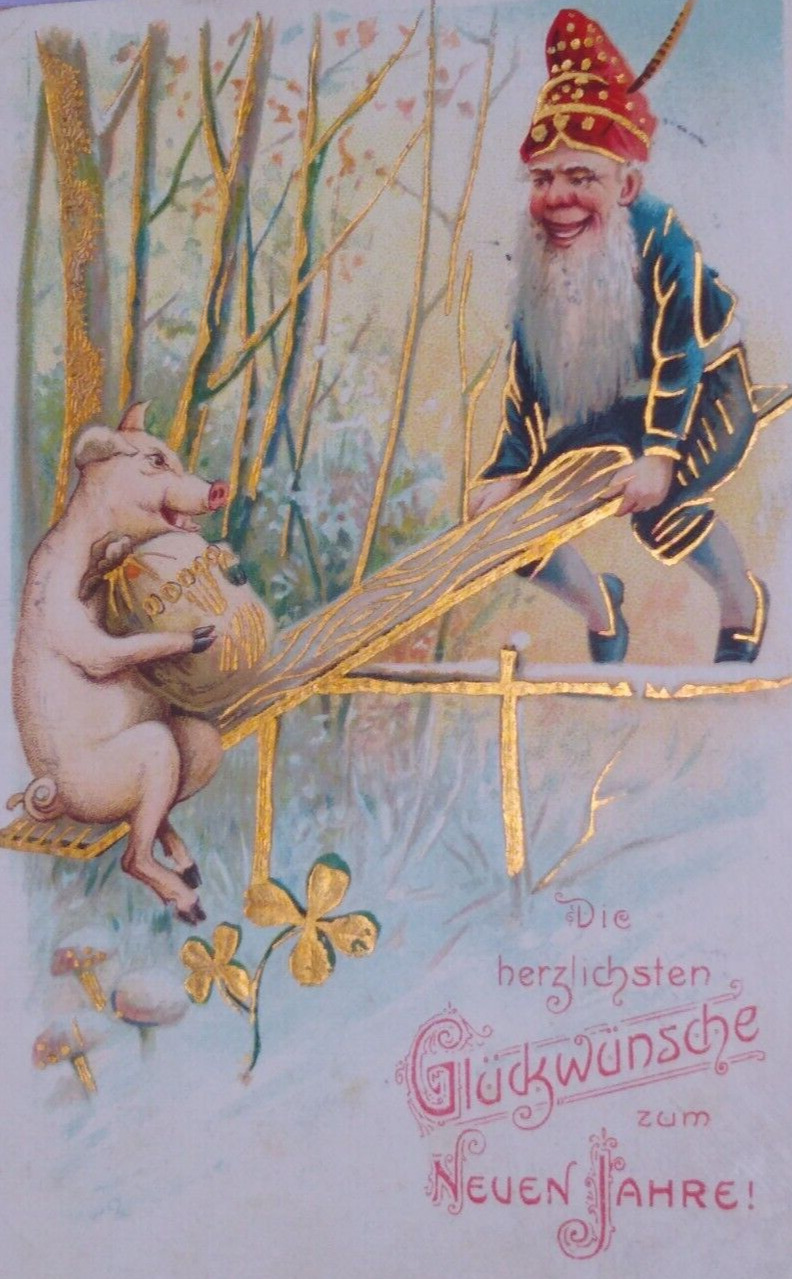 c1905 Fantasy Anthropomorphic Pig Gnome Play In Seesaw Vintage New Year Postcard