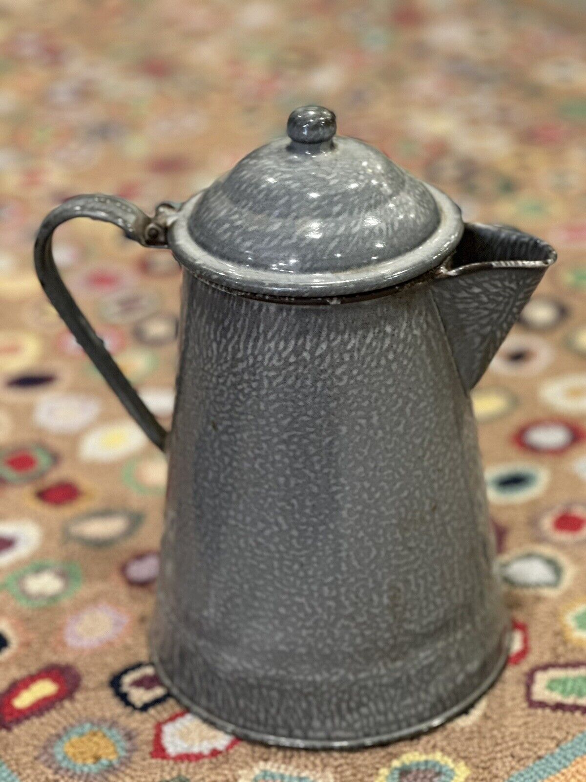 Early Antique Agate Ware Granite Enamel Cowboy Speckled Grey Coffee Tea Pot 11\