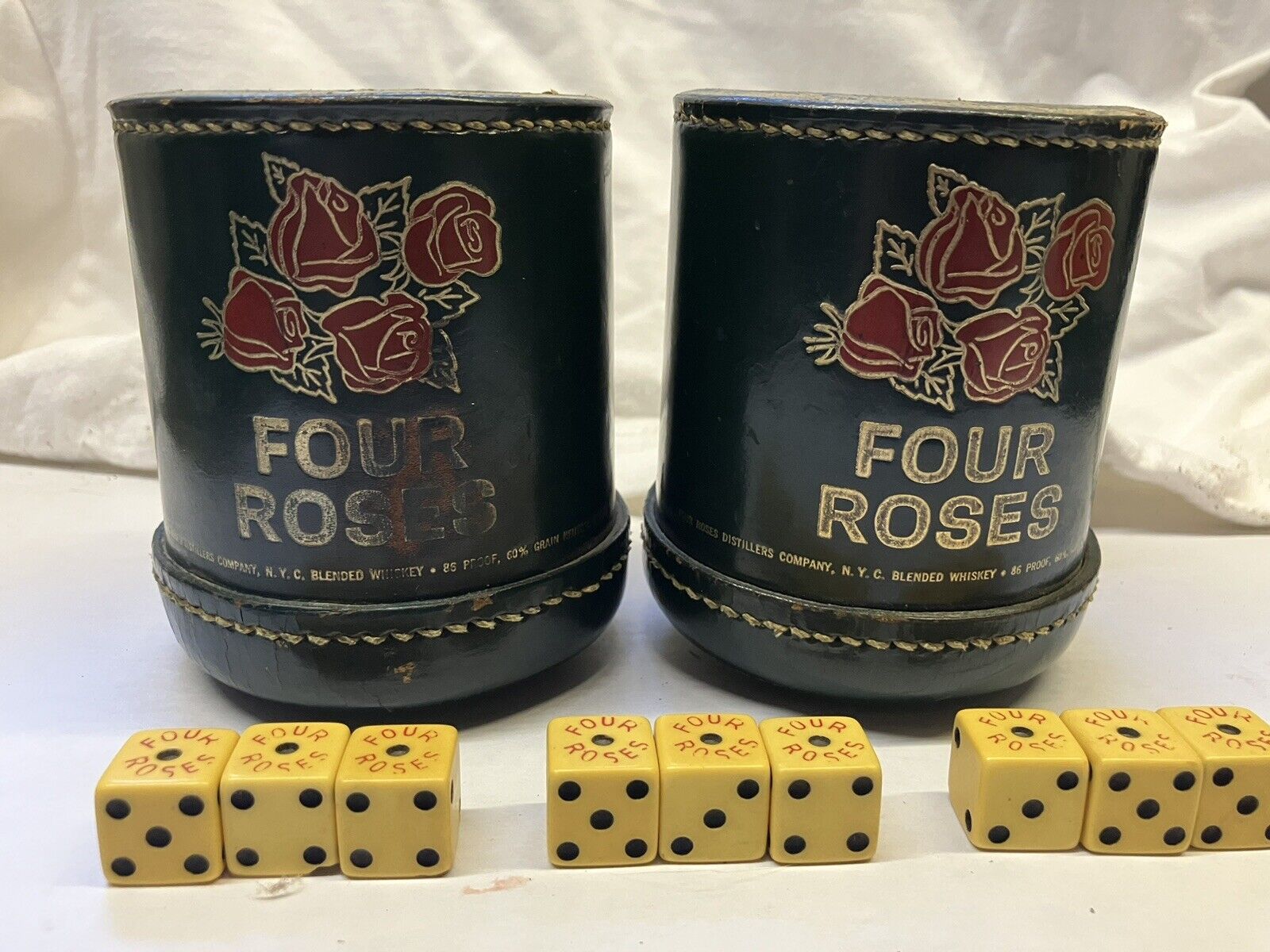 Vintage Leather Dice Cups & 9 Dice Four Roses Fine Blended Whiskey