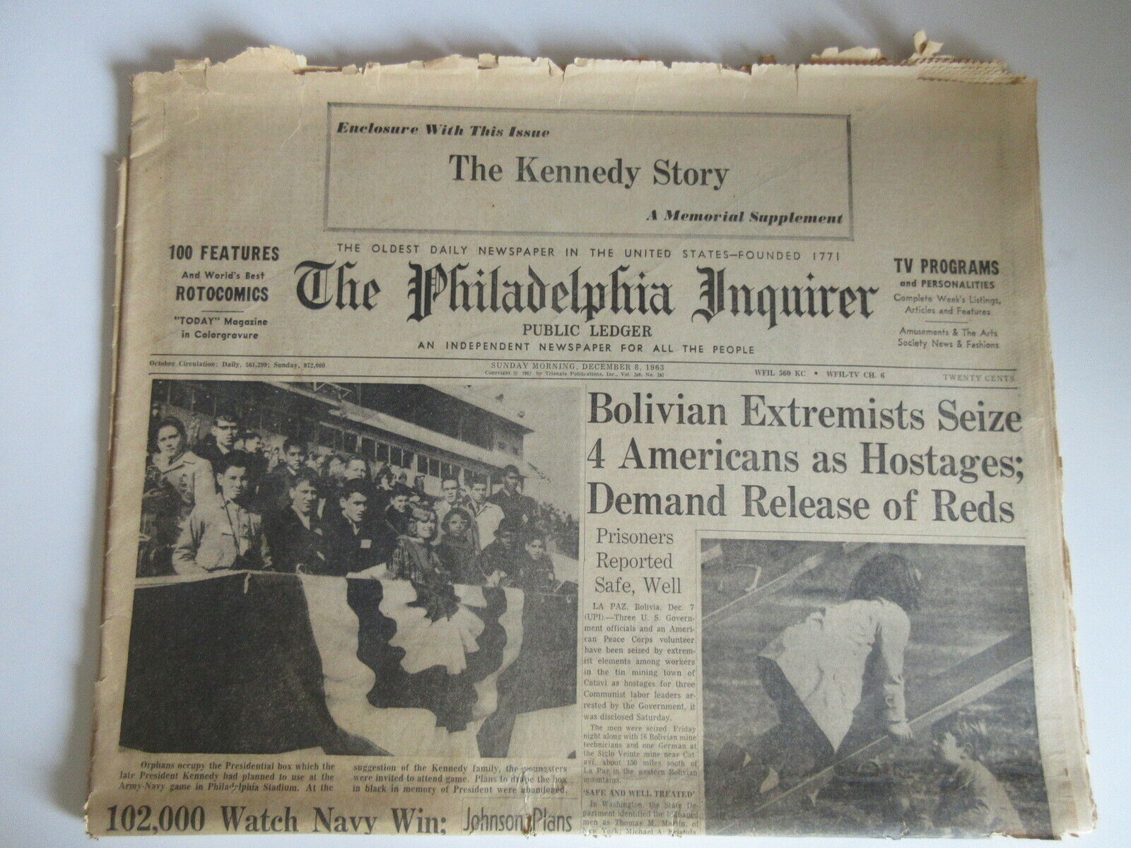 JOHN KENNEDY The Philadelphia Inquirer Dec 8, 1963 newspaper ARMY NAVY FOOTBALL