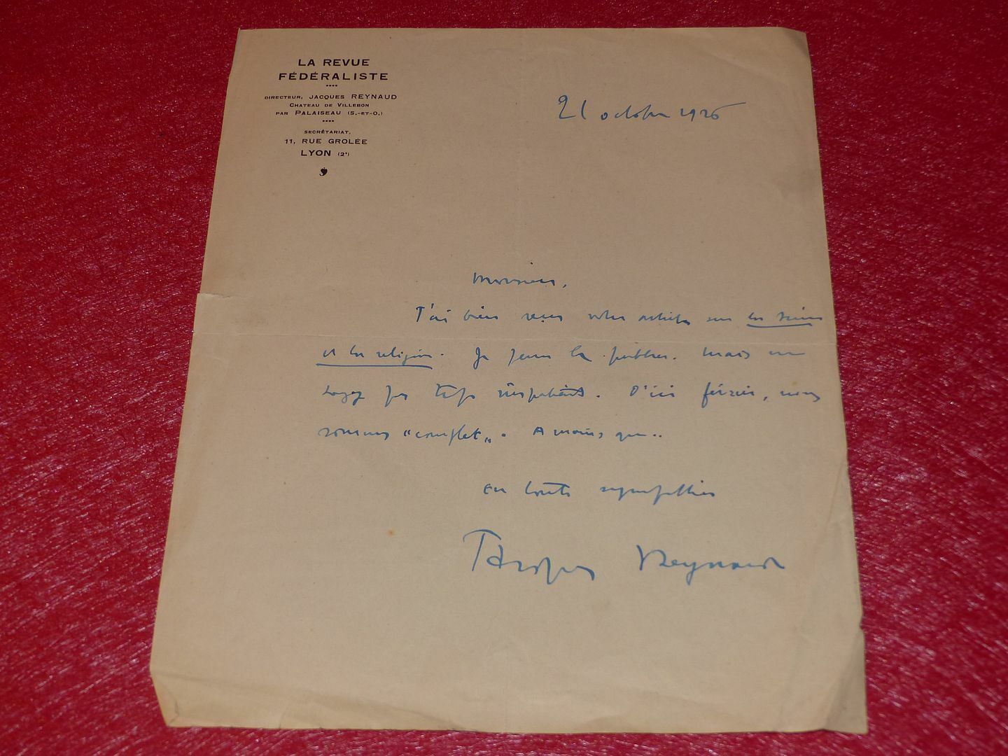 Letter Autograph Signed Jacques Reynaud (Journalist) 1926 La Magazine Federalist