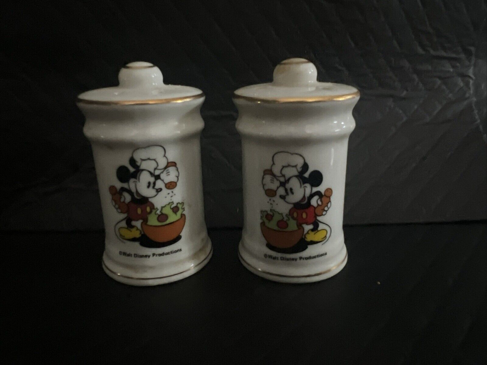 Vintage Mickey Mouse Salt and Pepper Shakers Gold Trim 1960\'s Walt Disney