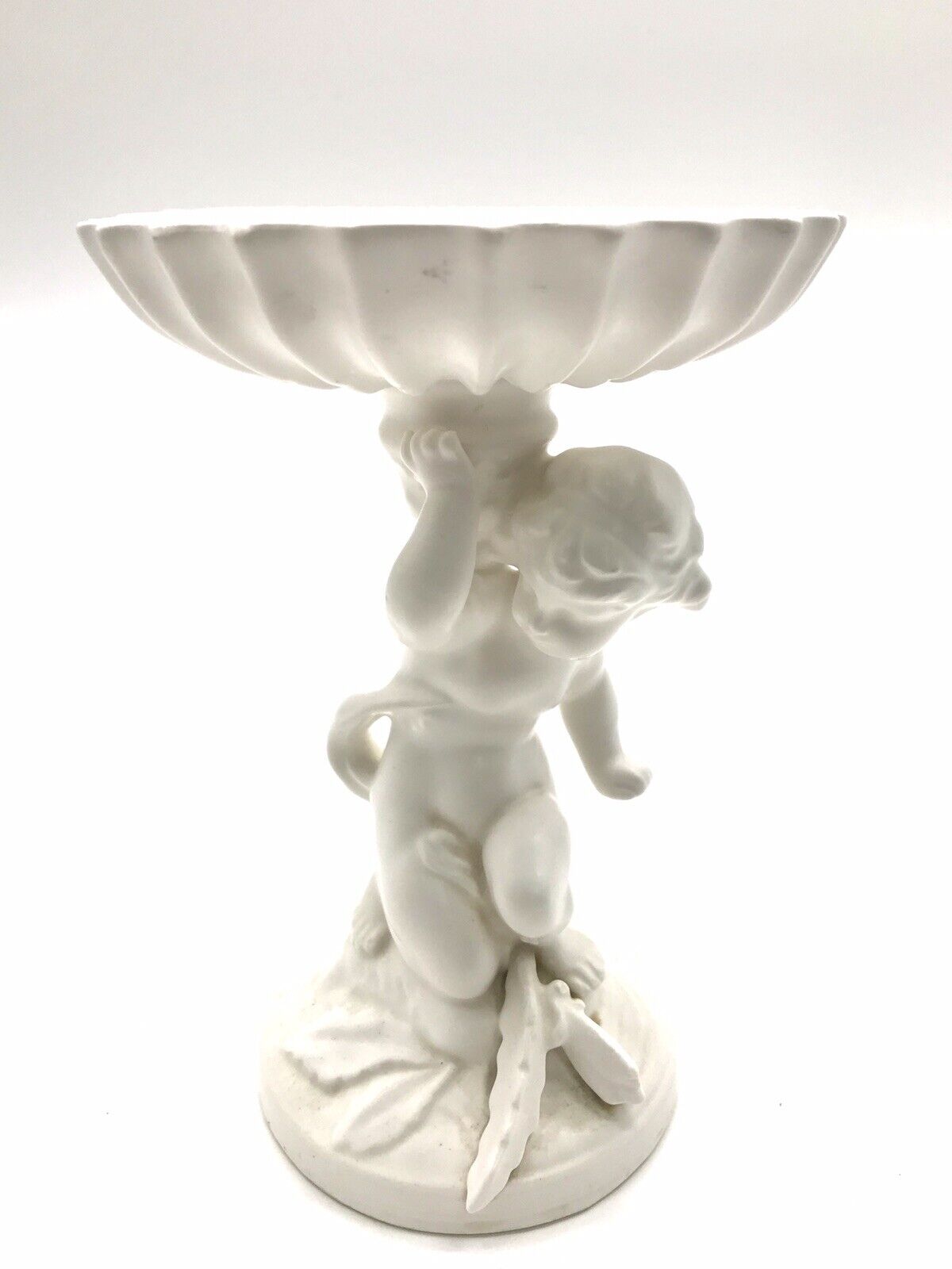 Vtg Detailed White Ceramic Cherub Pedestal Ribbed Compote Bowl Trinket Angel