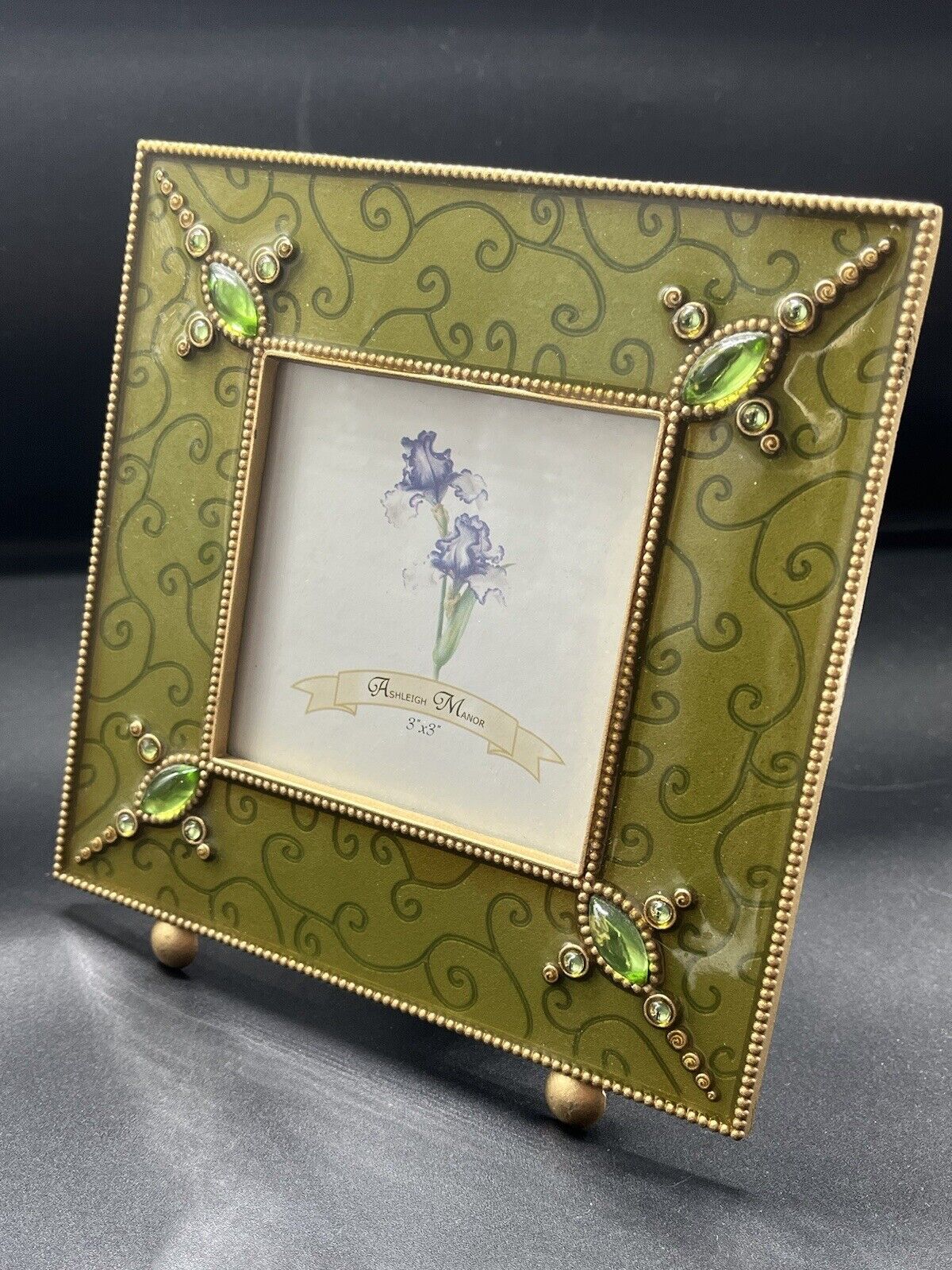 Picture Frame Ashleigh Manor Jeweled High Quality Green Enameled Photo 3\'\'x3\'\'