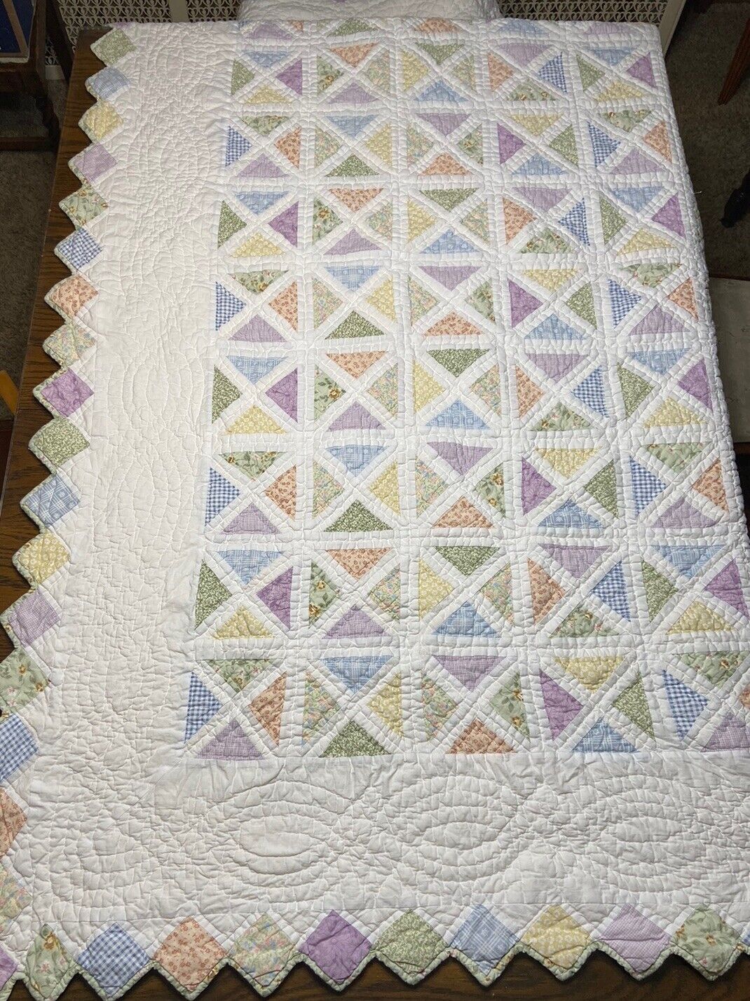 VTG Triangle Patchwork Queen Hand Quilted Blanket Quilt  With 2 Shams 1994