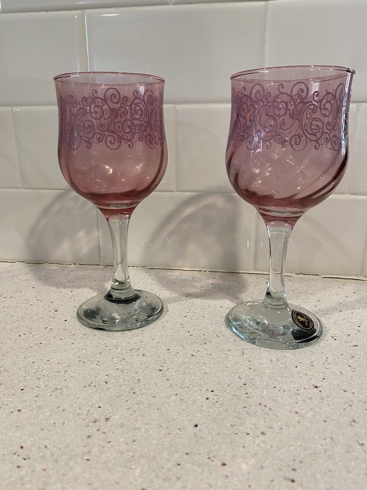 Cristalleria Fumo Handmade Wine Glasses Italy Cranberry Swirled Glass Etched - 2