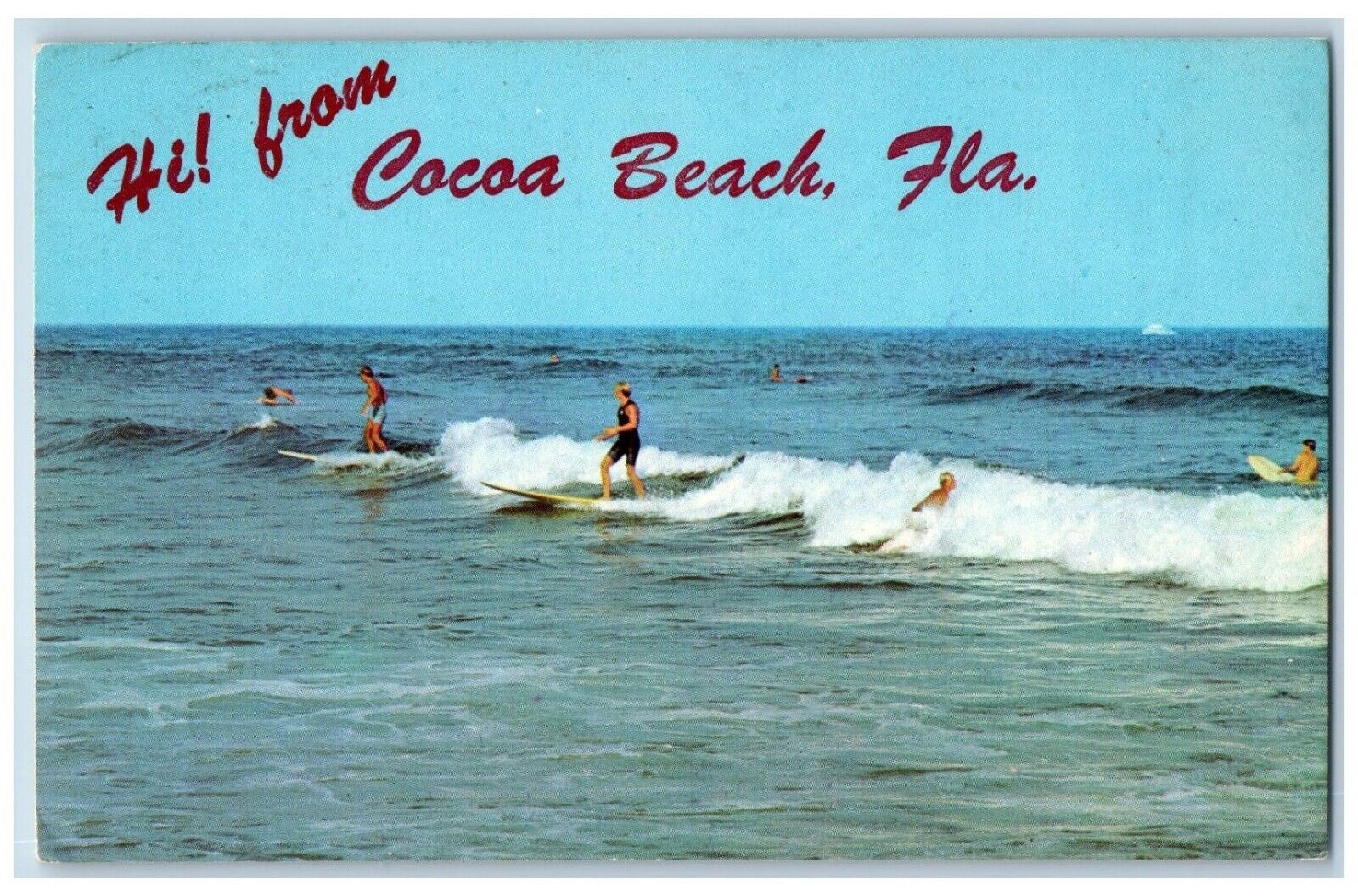 Cocoa Beach Florida FL Postcard Hi From Greetings People Surfing Vintage