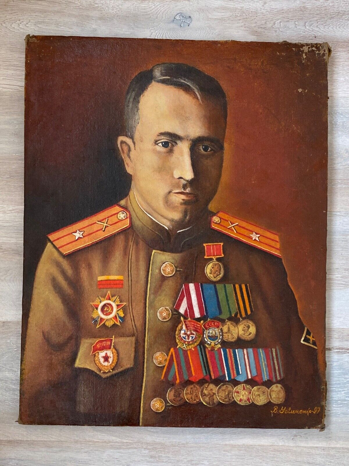 Vintage Portrait Soviet artillery major with orders oil painting canvas