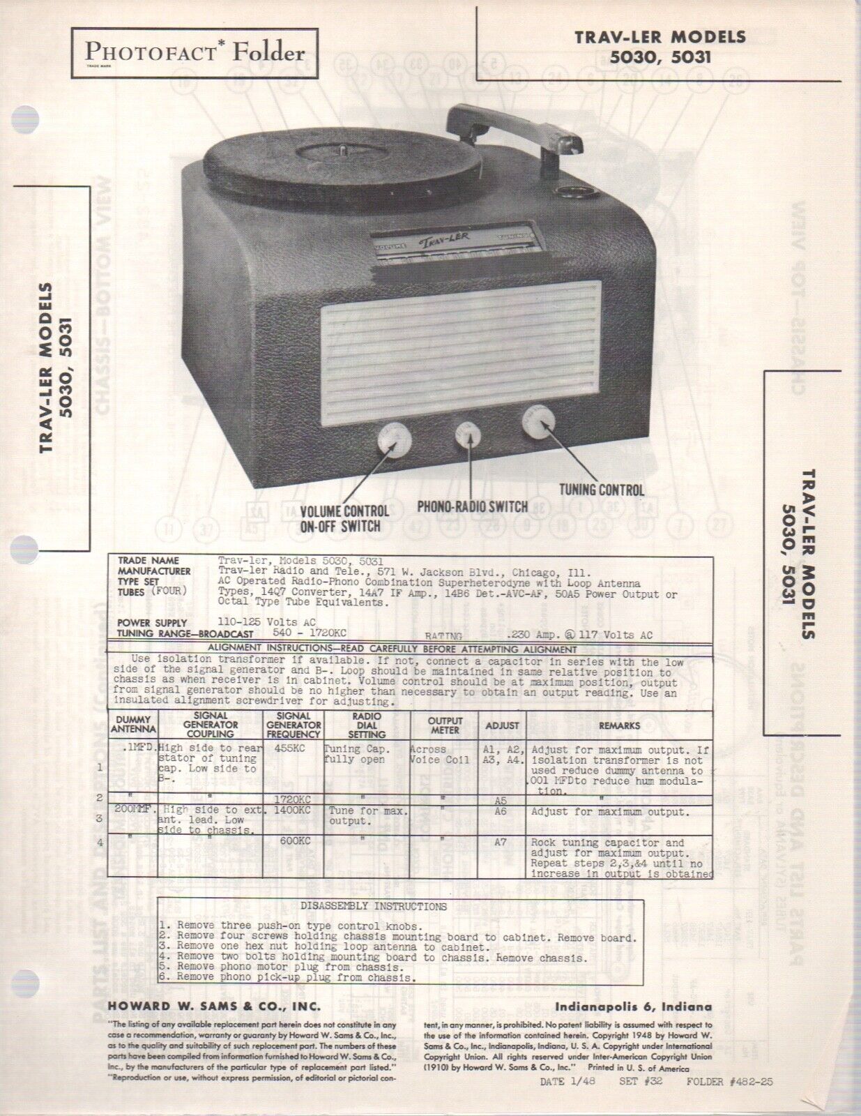 1948 TRAV-LER 5030 PHONOGRAPH RADIO SERVICE MANUAL PHOTOFACT