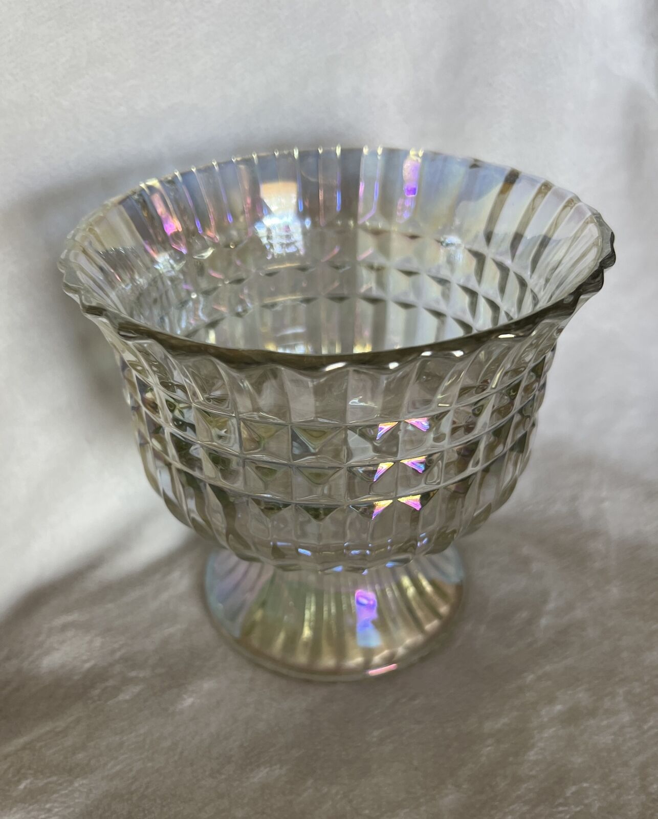 Vintage FTD Iridescent Glass Pedestal Flower Vase Centerpiece Bowl Vase 1986