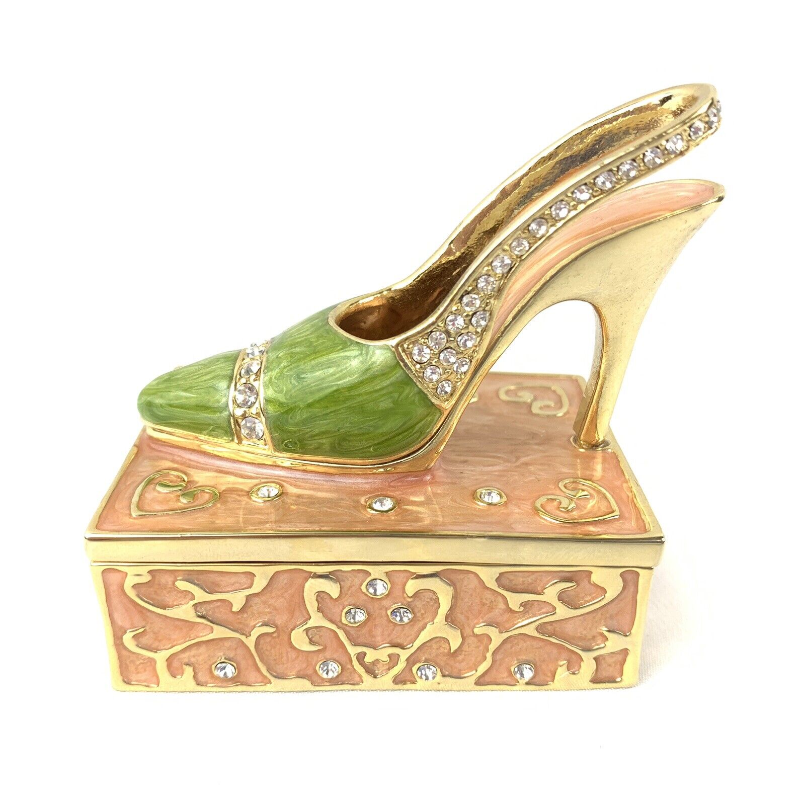 Jere Wright Green High Heel Shoe Bejeweled Trinket Box Enamel Hinged Magnet Euc