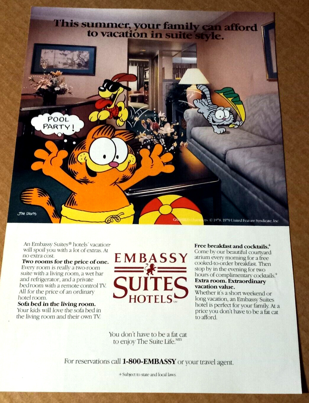 1987 print ad - Embassy Suites hotels vacation Garfield cartoon cat advertising