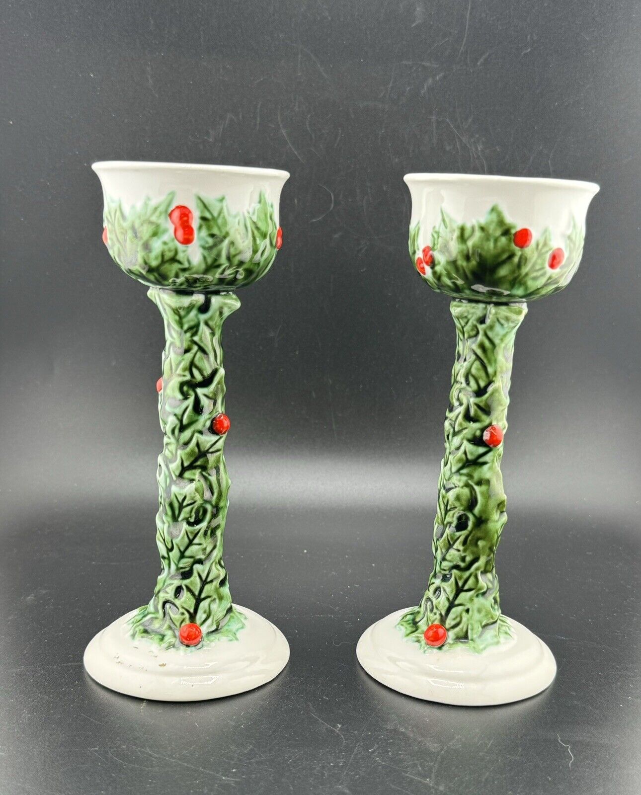Pair Vintage Lefton 1827 White Holly Berry Tealight Votive Tall Candlesticks