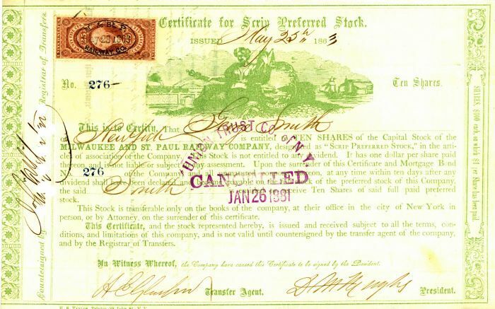 Milwaukee and St. Paul Railway Co. - Railroad Stock Certificate - Railroad Stock