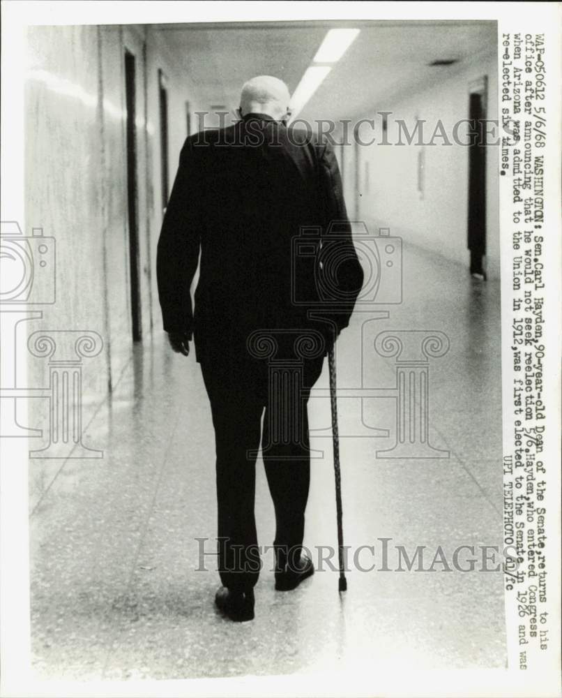 1968 Press Photo Senator Carl Hayden returns to his Washington office