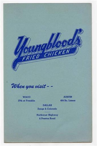 Youngblood\'s Fried Chicken Menu Waco Austin Dallas Texas 1940\'s