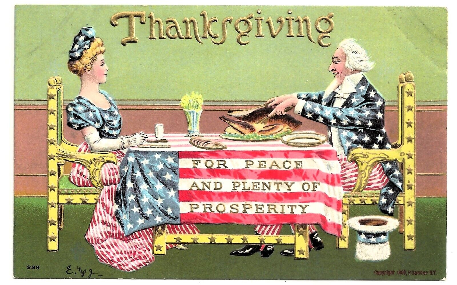 Thanksgiving postcard: Uncle Sam & Miss Liberty. 1906, P. Sender, NY
