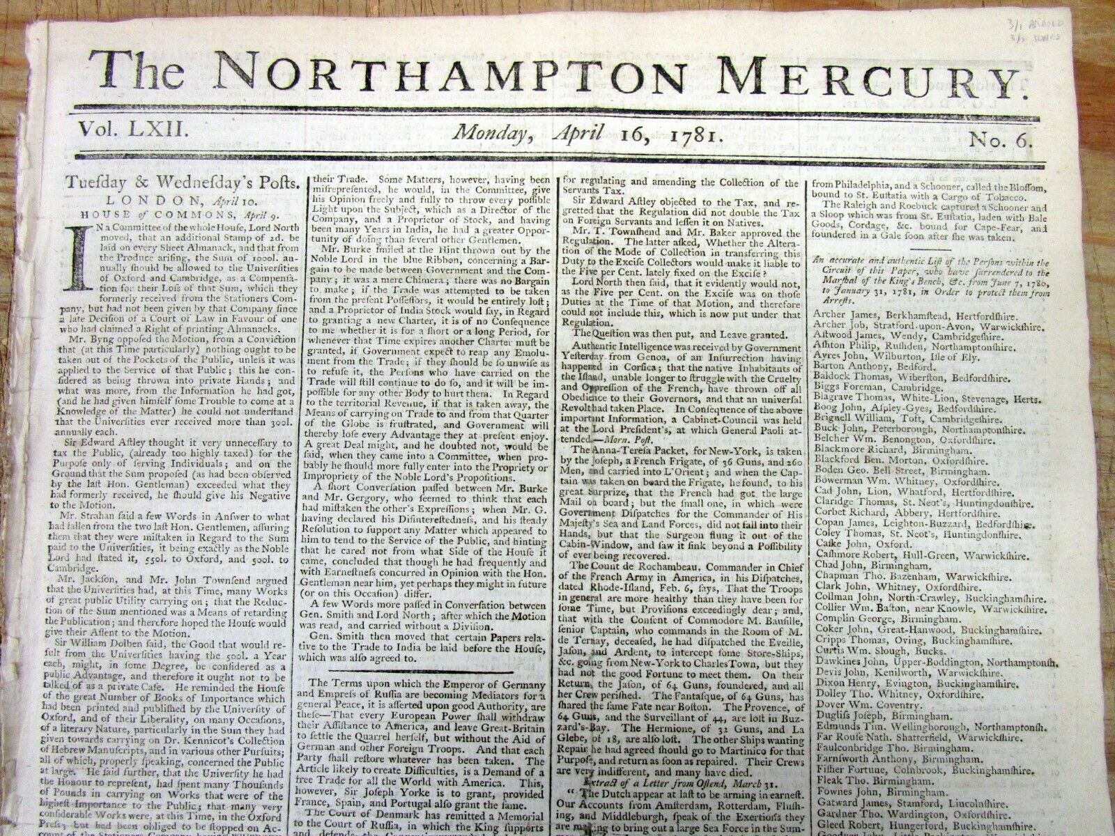 Original 1780-1783 American Revolutionary War newspaper from NORTHAMPTON England