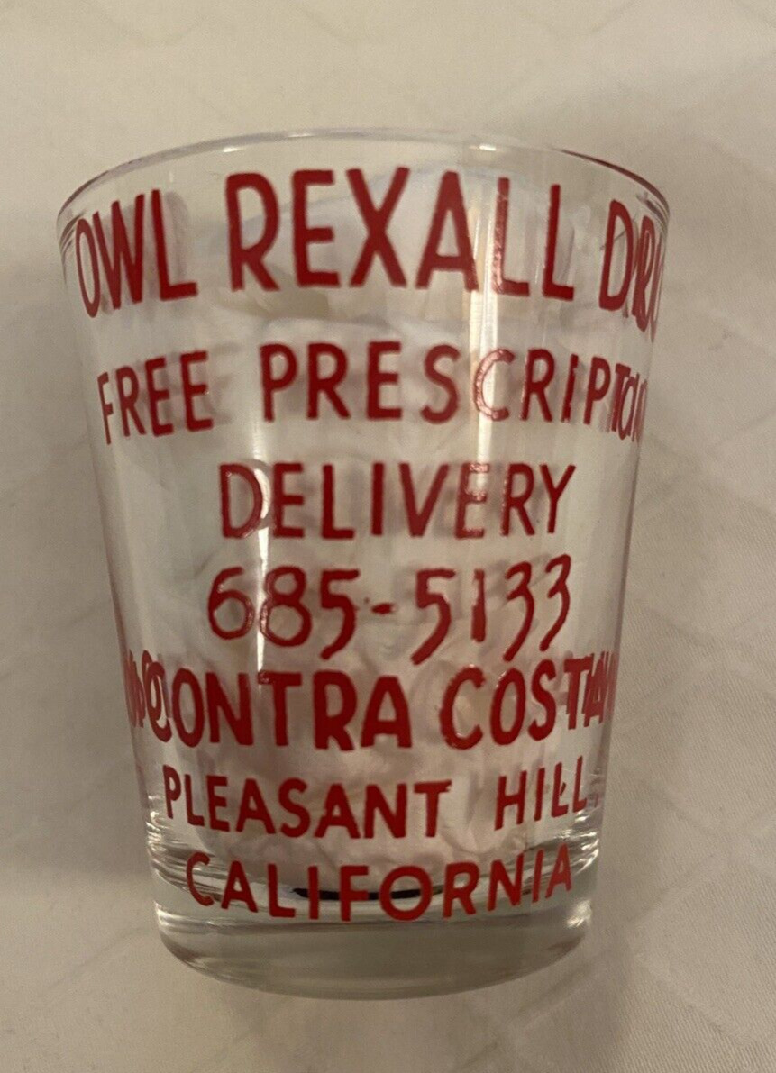 OWL REXALL DRUG STORE VINTAGE MEASURING SHOT GLASS, Pleasant Hill, Calif.  MINT