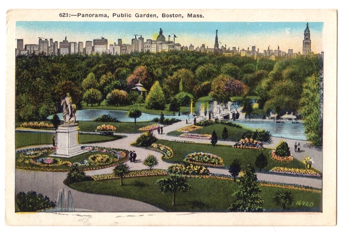 Boston Massachusetts c1920\'s Panoramic view of Public Garden, lake, statue