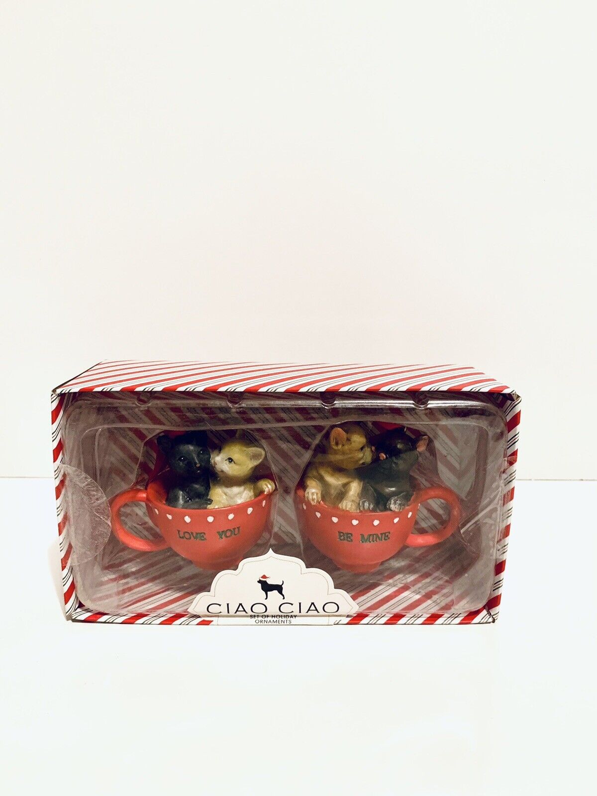 Dogs & Cats Resin Tea Cup Love ,You Be Mine Ciao Ciao Christmas Holiday Set NIB