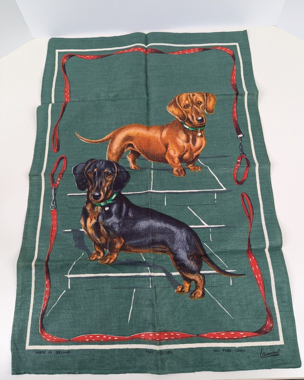Vintage Lamont Dachshund Dogs Linen Tea Towel Excellent