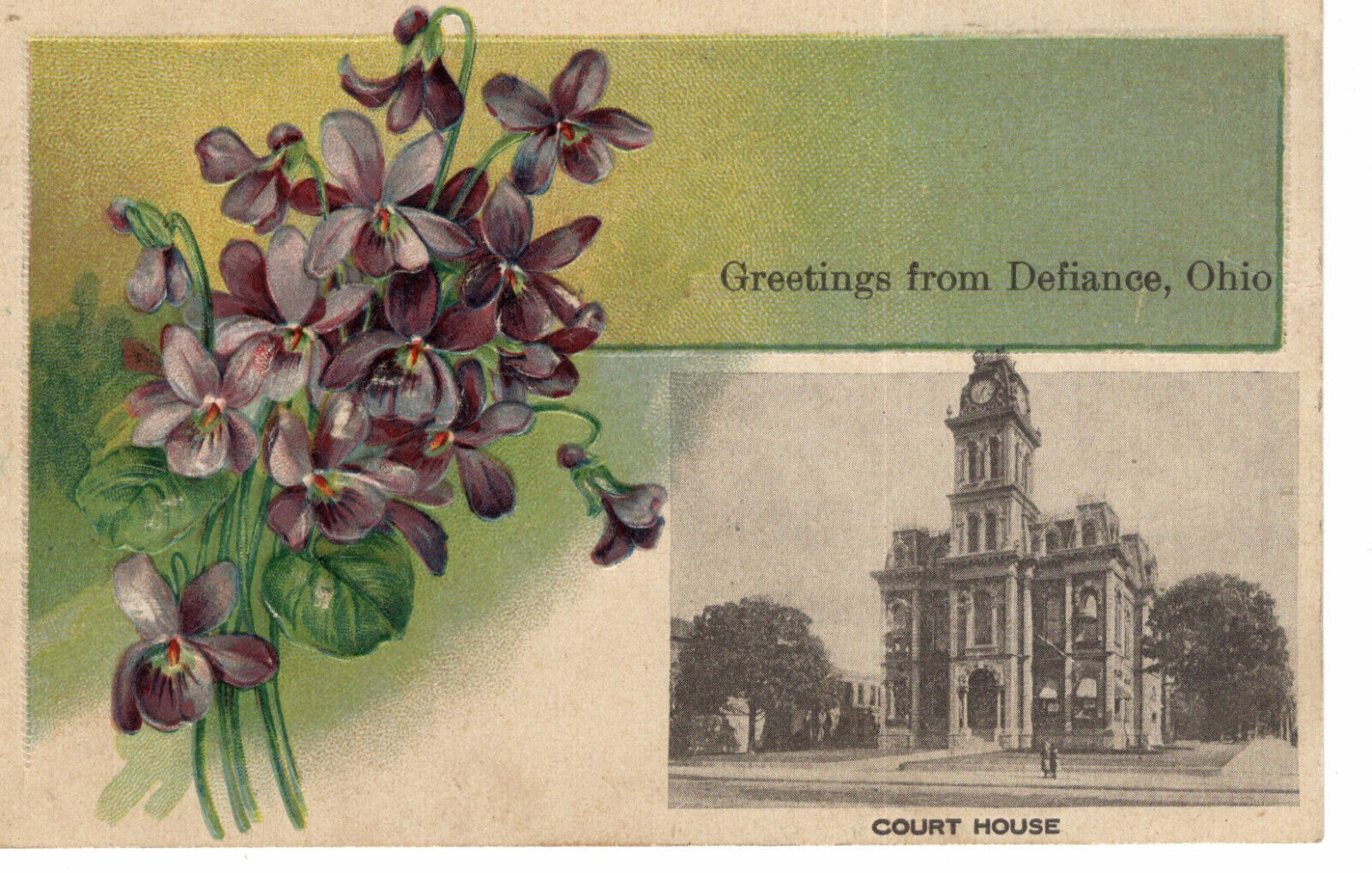 Vintage Postcard OH Defiance Court House Greetings Flowers Embossed -1283