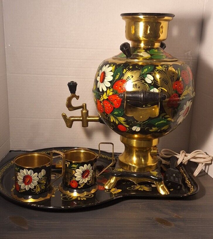 Brass Samovar Russian Electric Kettle Hand Painted Strawberries Flowers Red Blk