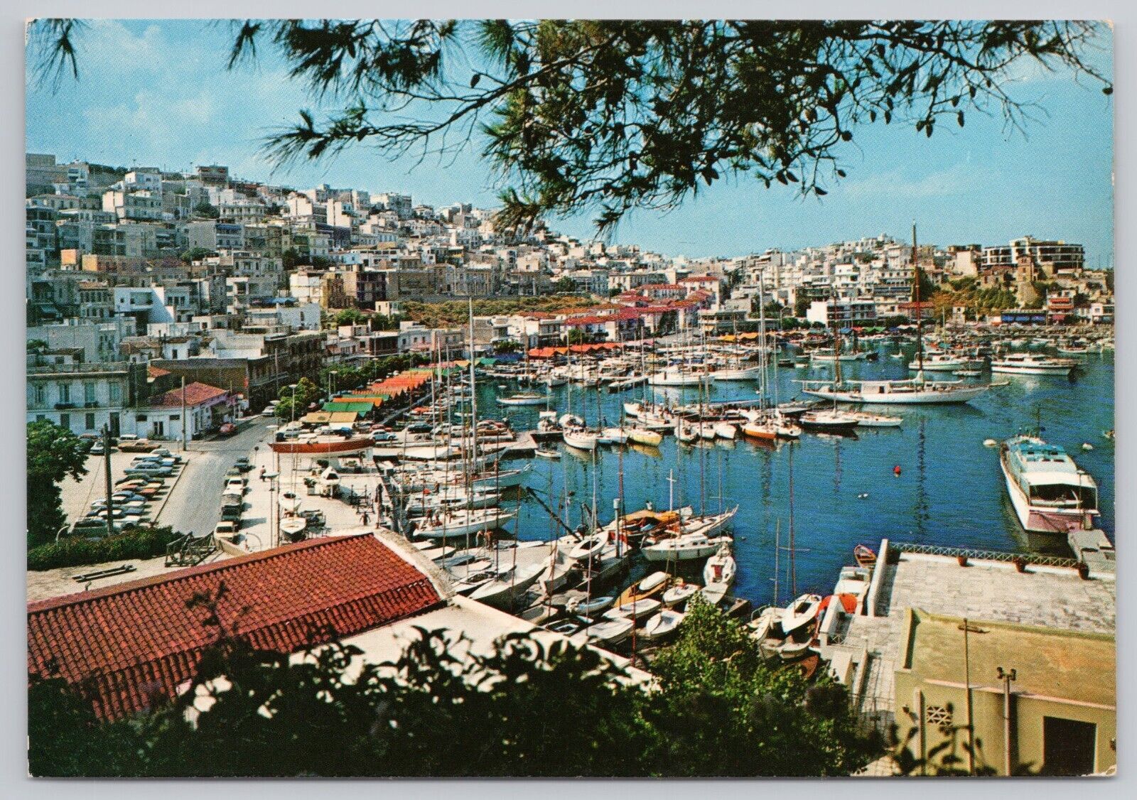 Piraeus Greece, Boats in Harbor, Cityscape Panorama, Vintage Postcard