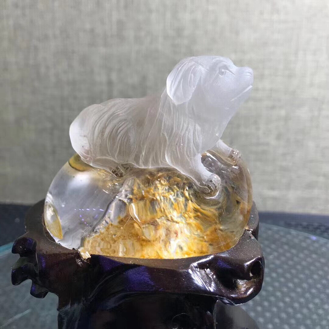 0.3LB Natural Yellow gumflower Skull hand Carved Quartz Crystal dog Skull Gift